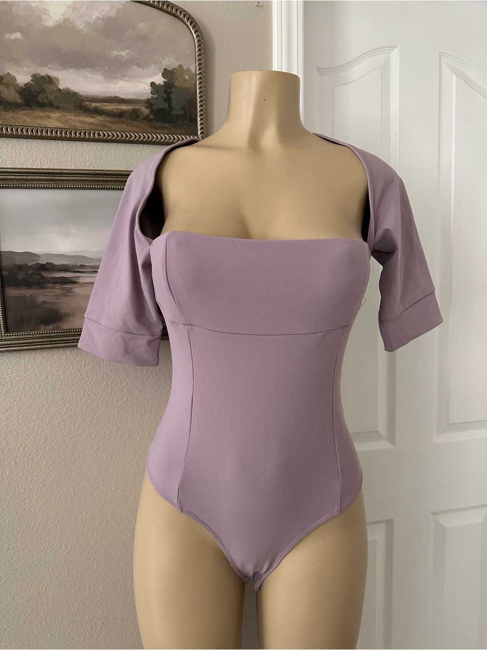 Stretch Lavender Bandeau Bodysuit with Short Sleeves